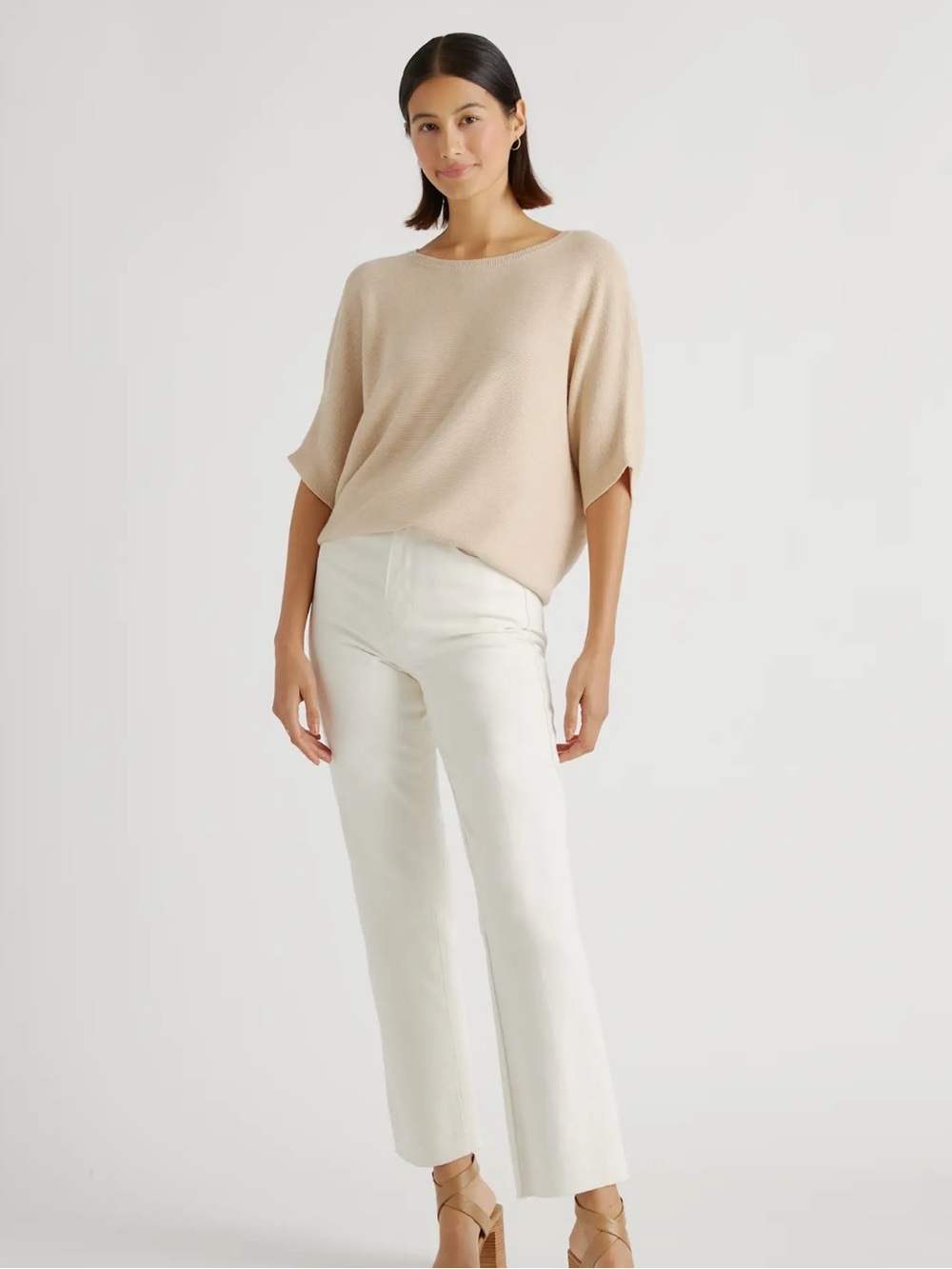 Quince Lightweight Cotton Cashmere Link-Stitch Dolman Sweater in Heather Oatmeal